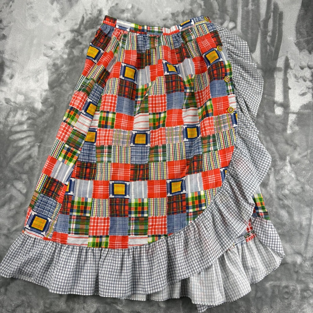 Vintage 70's Patchwork Plaid Ruffle Midi Skirt Boho Romantic Folk, High Waist - Picture 11 of 15
